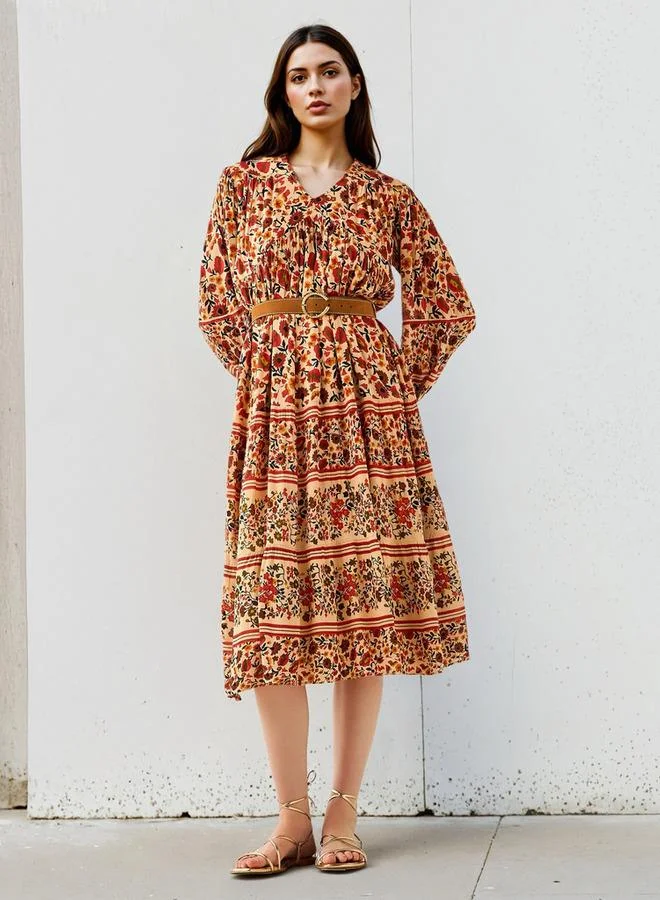 Lee Cooper Bohemian Print V-neck Dress with Belt