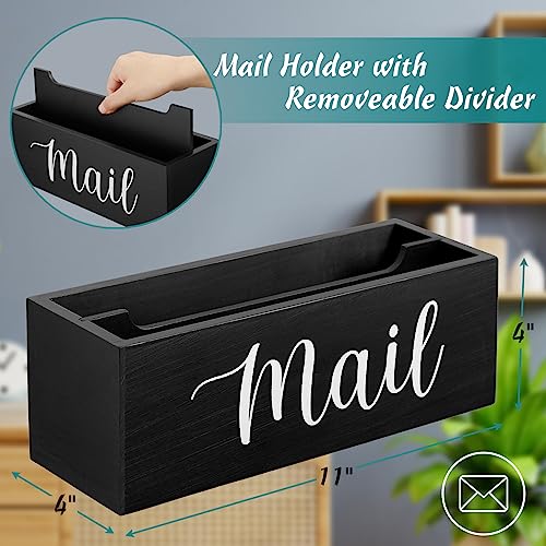 DRASTAR Mail Organizer, Mail Holder with 2 Slots, Mail Basket for Wall Table Countertop, Wood Desk Mail Organizer, Black Envelope Holder for Home Office Decor - Image 2