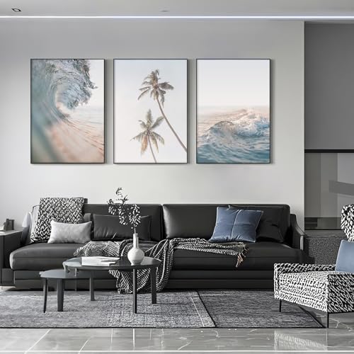 Joocrise Beach Wall Art Pictures Coastal Canvas Wall Decor Ocean Waves Poster Blue Beach Scene Artwork Palm Tree Art Coastal Landscape Prints for Living Room Bedroom 12x16 Inch Unframed Set of 3 - Image 3
