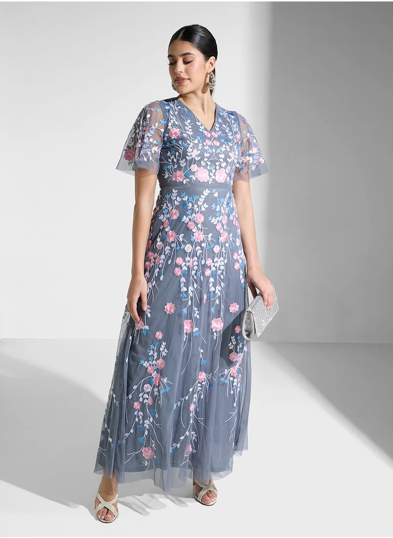 Frock and Frill Embroidered V-Neck Dress