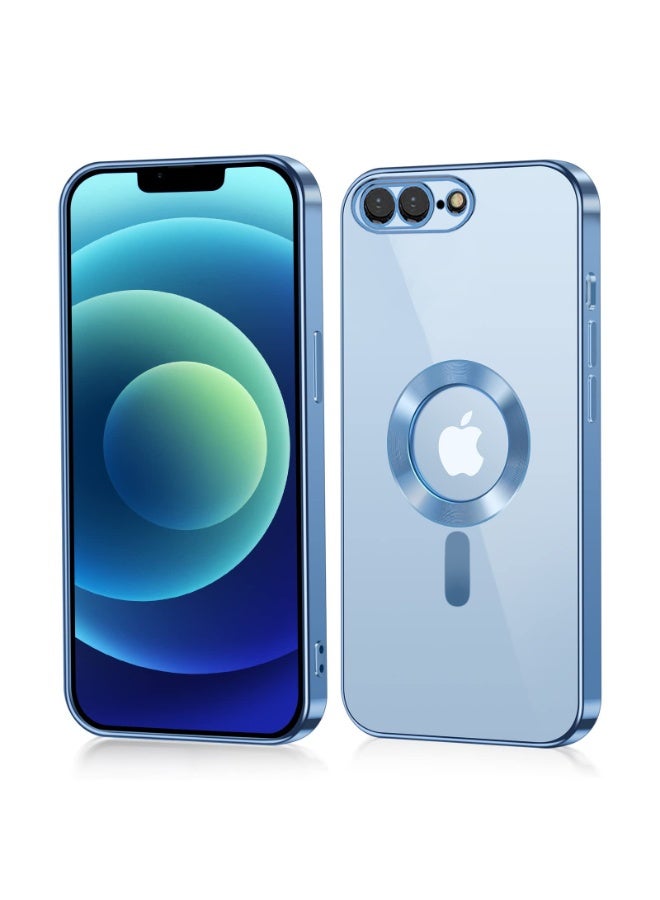 Electroplated Case For IPhone 7/8 Plus Camera Lens Full Protection Compatible with MagSafe Wireless Charging, Shockproof Soft TPU Phone Magnetic Cover (Sierra Blue)