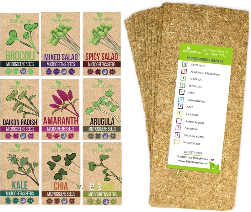 ZESTIGREENS طقم إعادة تعبئة الميكروجرين مع 9 حصائر نباتية و 9 أنواع من البذور لطقم بدء الميكروجرين - Image 1