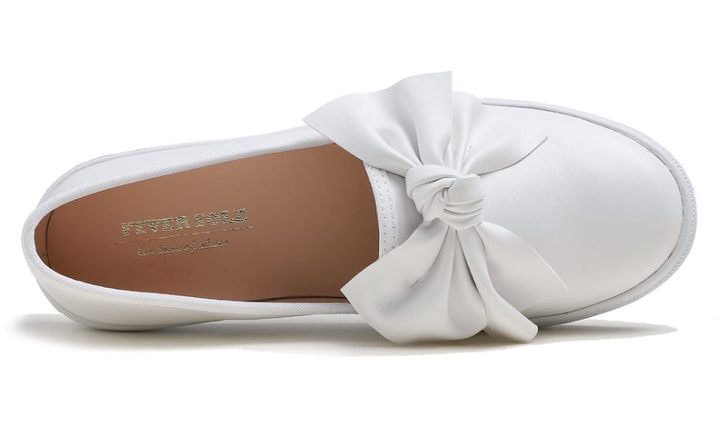 FEVERSOLE Women's Casual Slip On Sneaker Fashion Bow Tie Loafer Flats White Vegan Leather Size 8.5 M US - Image 2