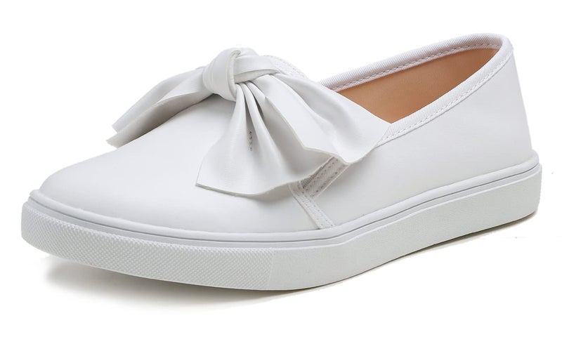 FEVERSOLE Women's Casual Slip On Sneaker Fashion Bow Tie Loafer Flats White Vegan Leather Size 8.5 M US - Image 1