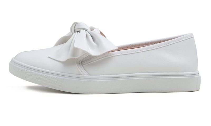FEVERSOLE Women's Casual Slip On Sneaker Fashion Bow Tie Loafer Flats White Vegan Leather Size 8.5 M US - Image 3