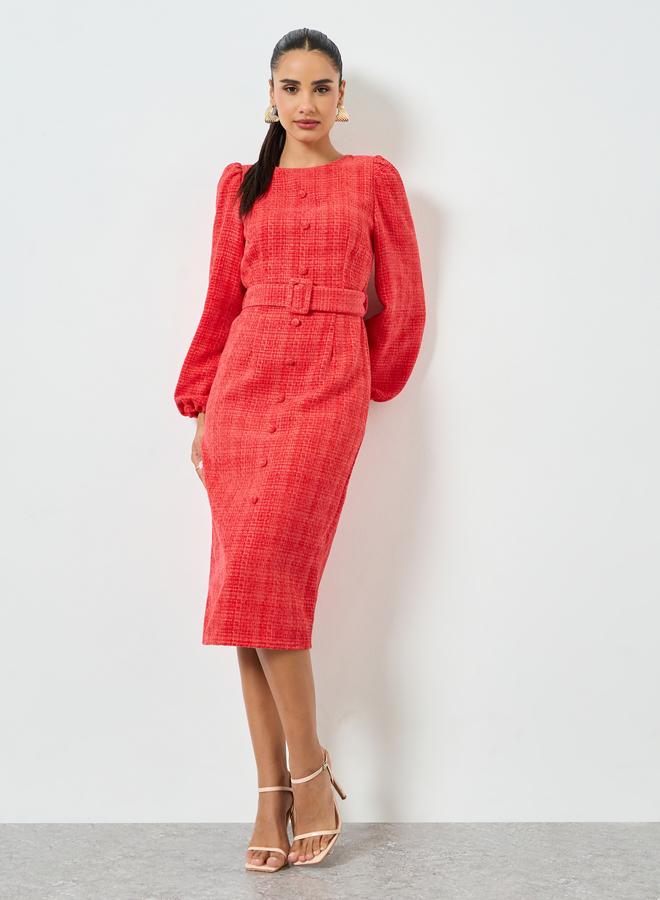 Styli Red Tweed Balloon Sleeve Sheath Midi Dress - Image 3