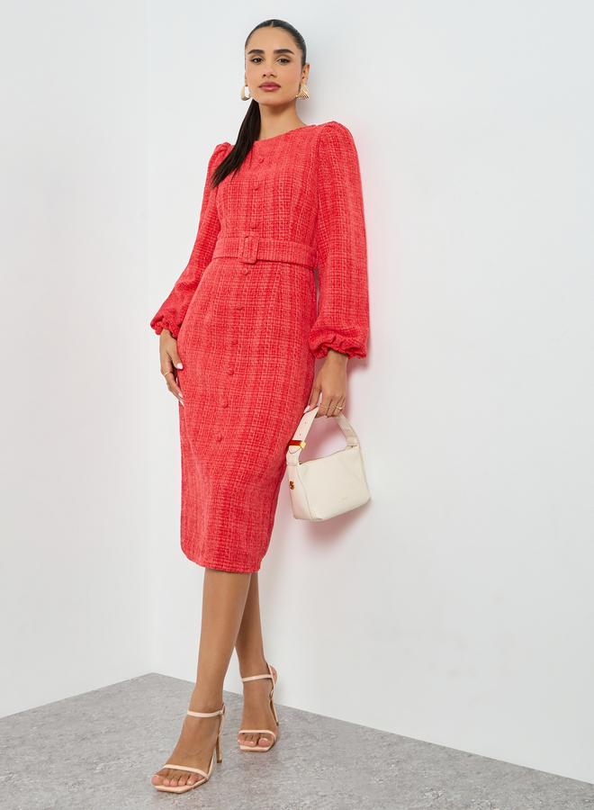 Styli Red Tweed Balloon Sleeve Sheath Midi Dress - Image 1