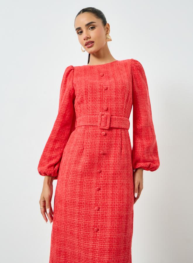 Styli Red Tweed Balloon Sleeve Sheath Midi Dress - Image 2