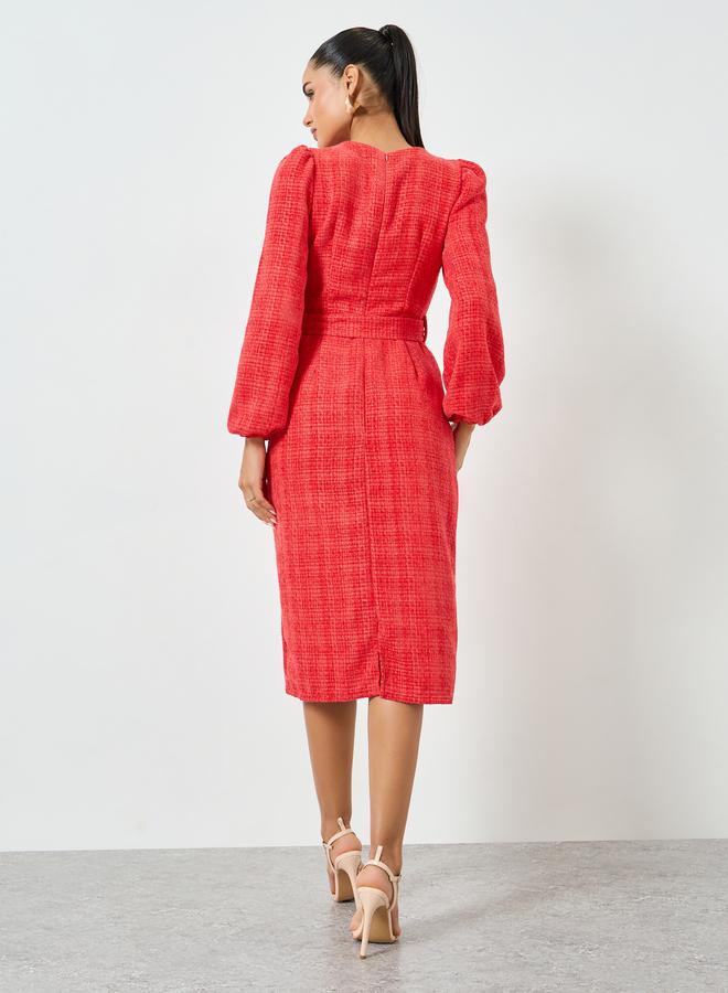Styli Red Tweed Balloon Sleeve Sheath Midi Dress - Image 5