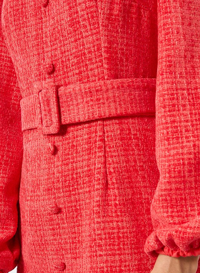 Styli Red Tweed Balloon Sleeve Sheath Midi Dress - Image 4