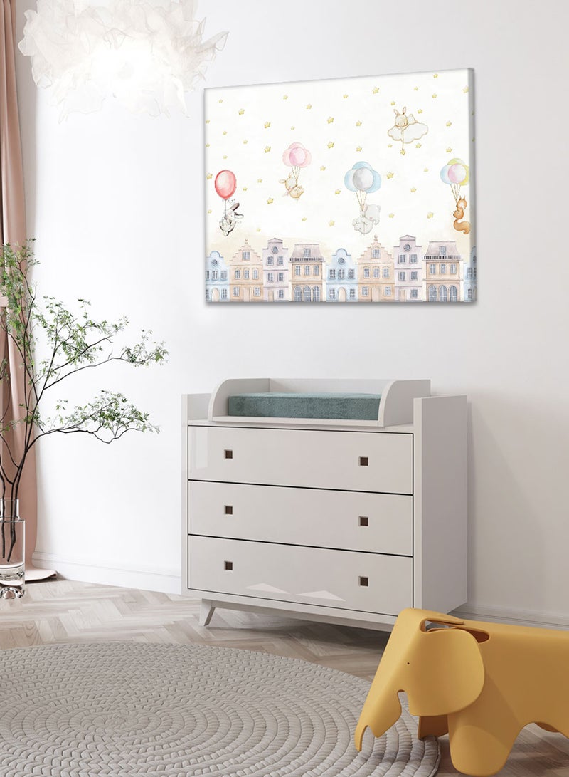 LOWHA Framed Canvas Wall Art Stretched Over Wooden Frame with Animals Over The Houses Painting, For Home, Living Room, Office Decor - Image 1