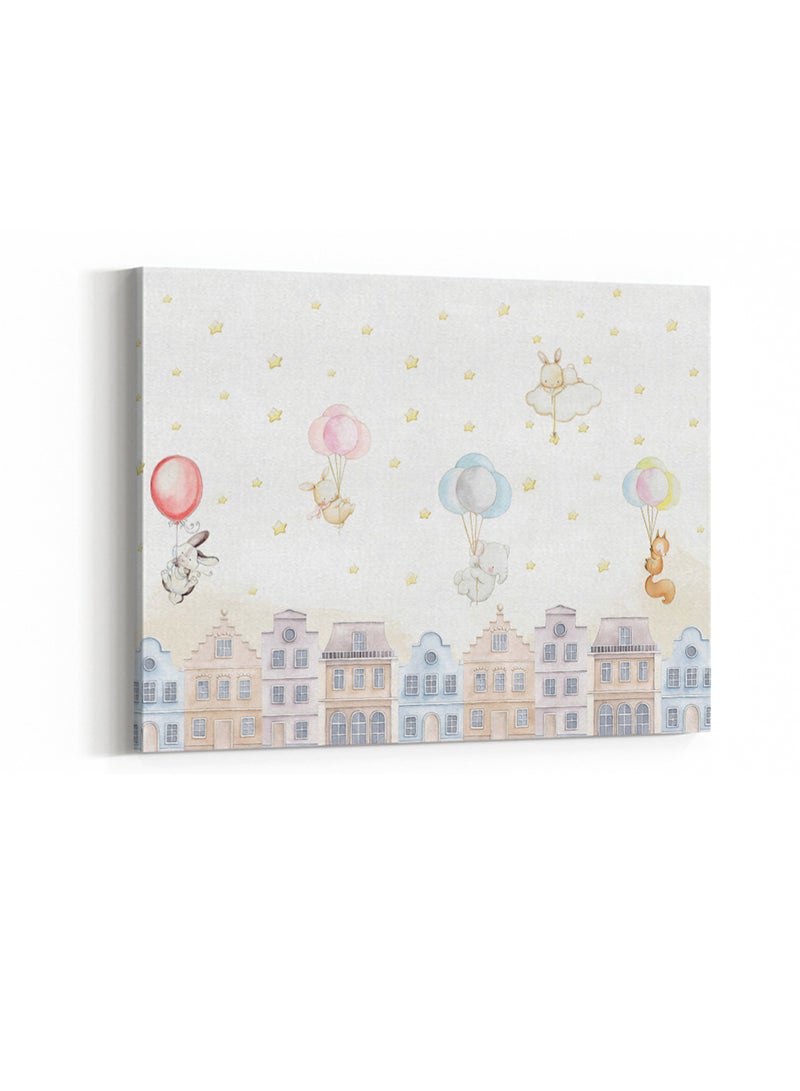 LOWHA Framed Canvas Wall Art Stretched Over Wooden Frame with Animals Over The Houses Painting, For Home, Living Room, Office Decor - Image 4