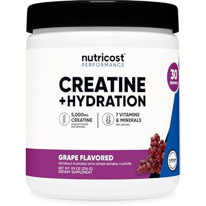 Nutricost Creatine Monohydrate + Hydration Grape Flavored (30 Servings) - 7 Vitamins & Minerals, 5000mg of Creatine Per Serving - Image 1