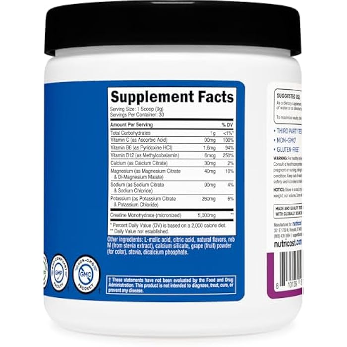 Nutricost Creatine Monohydrate + Hydration Grape Flavored (30 Servings) - 7 Vitamins & Minerals, 5000mg of Creatine Per Serving - Image 5