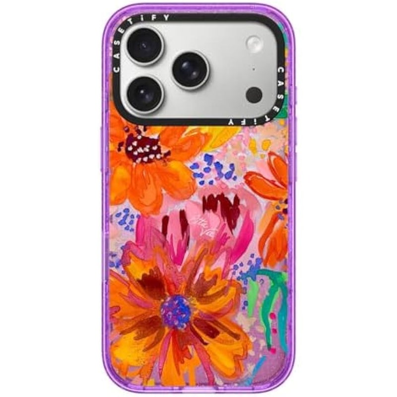 Casetify Impact iPhone 17 Pro Case 【Slim/Compatible with Magsafe / 8.2 ft. 4X Military Grade Drop Protection】 - EttaVee Watercolor Fleurs - Glitter Purple - Image 1