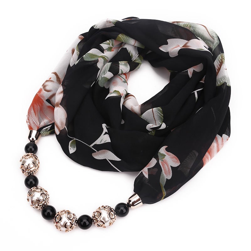 Beaded Pendant Scarf Clothing Printed Chiffon Necklace Scarf Neck Set - Image 1