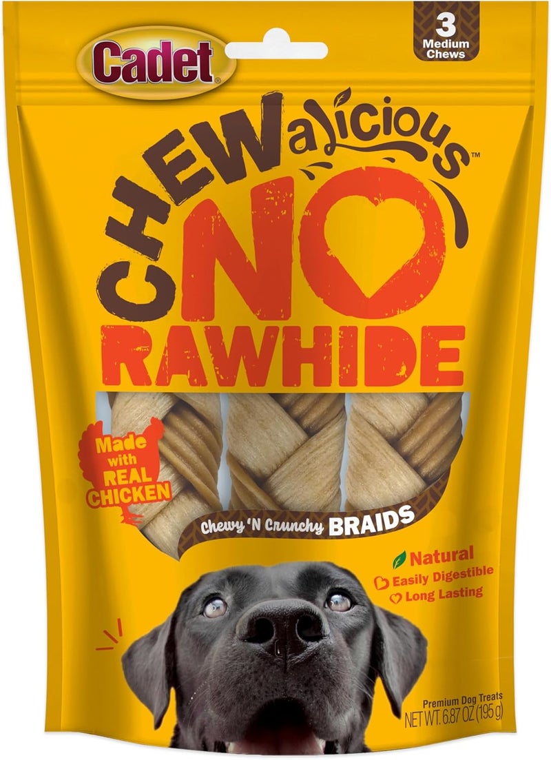 Cadet Chewalicious Chewy N Crunchy Braid Dog Treats Limited Ingredient RawhideFree LongLasting Chews for Dogs Made with Real Chicken 3 Count - Image 1