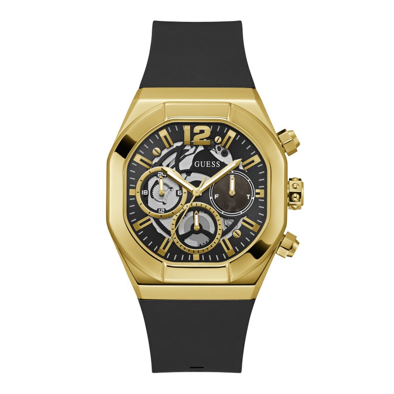 GUESS ساعة جيس للرجال GW0638G1 بحالة ذهبية اللون وحزام سيليكون أسود متعددة الوظائف 42 مم - Image 1