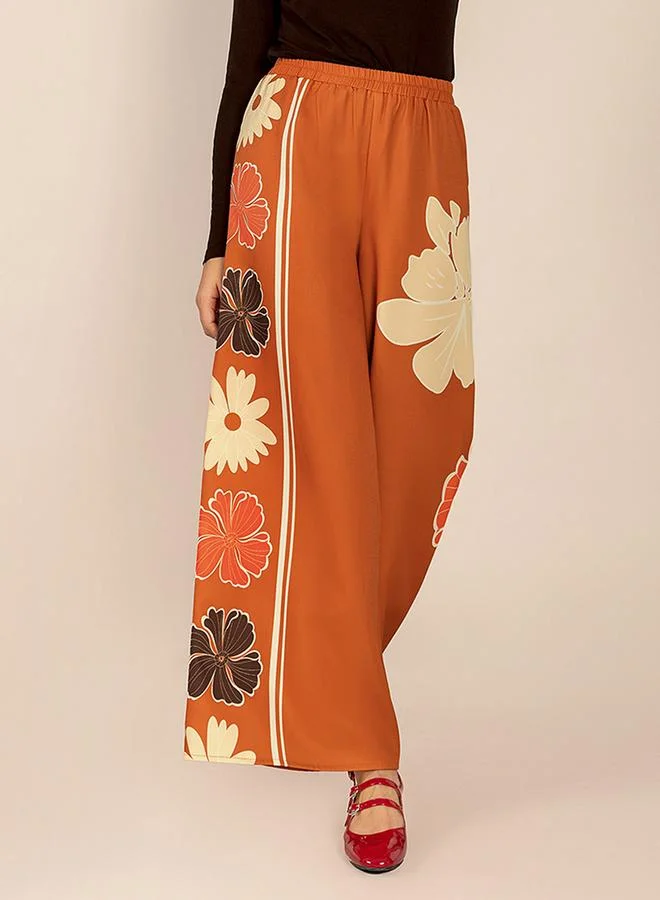 تايك تو Women's Floral Printed Elastic Waist Wide Leg Pants