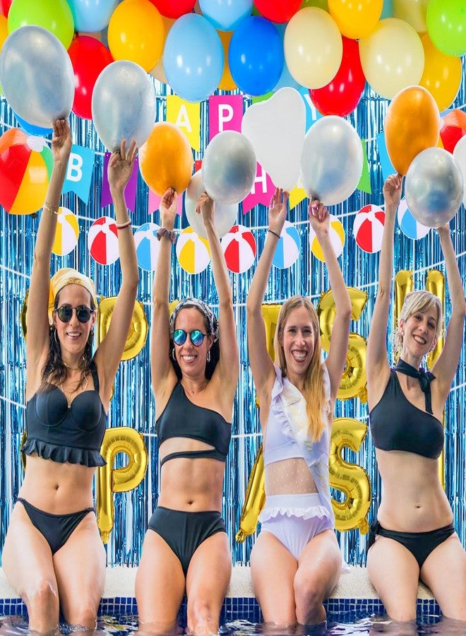 RANERVZ 54Pcs Pool Party Decorations Splish Splash Beach Birthday Party Decorations Summer Luau Tropical Beach Pool Decorations Blue Foil Fringe Curtains Colorful Balloons Backdrop for Summer Party - Image 5