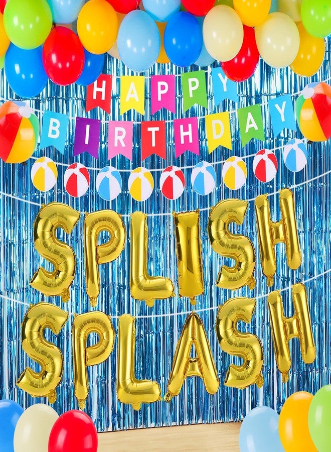 RANERVZ 54Pcs Pool Party Decorations Splish Splash Beach Birthday Party Decorations Summer Luau Tropical Beach Pool Decorations Blue Foil Fringe Curtains Colorful Balloons Backdrop for Summer Party - Image 1