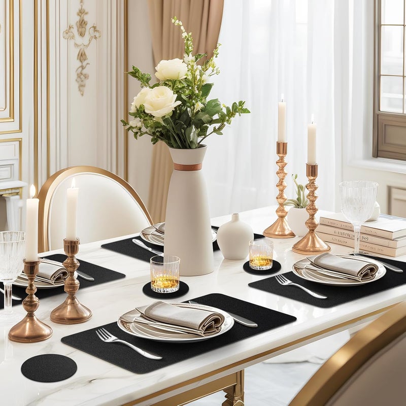 APLKER Faux Leather Placemats Set of 6 Waterproof Table Mats with Coaste | 17×12 In Heat Resistant Place Mats Set of 6 Wipebale & Washable Table Placemats for Kitchen Dining Indoor & Outdoor Black - Image 2