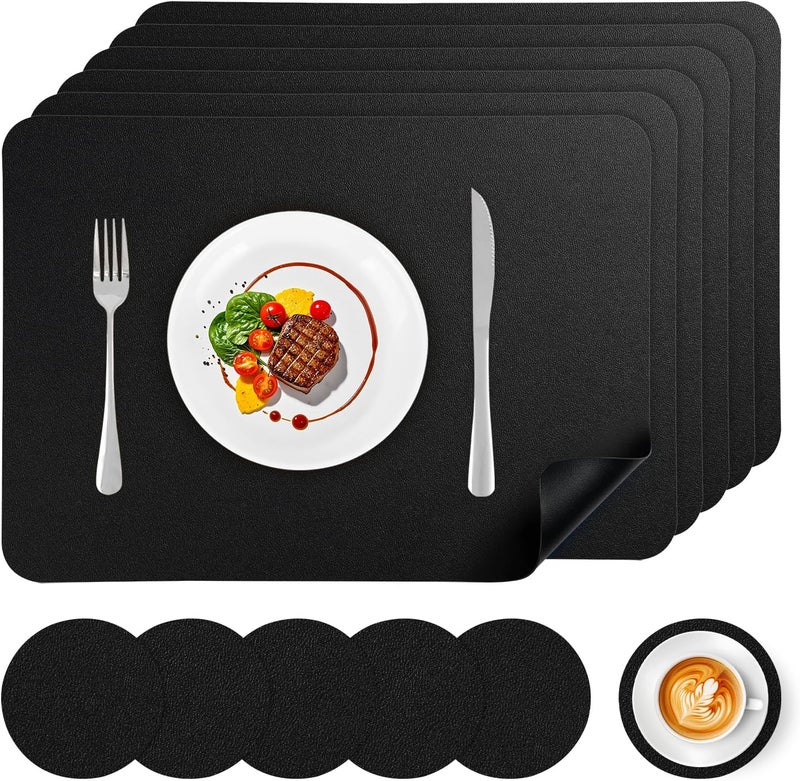 APLKER Faux Leather Placemats Set of 6 Waterproof Table Mats with Coaste | 17×12 In Heat Resistant Place Mats Set of 6 Wipebale & Washable Table Placemats for Kitchen Dining Indoor & Outdoor Black - Image 1