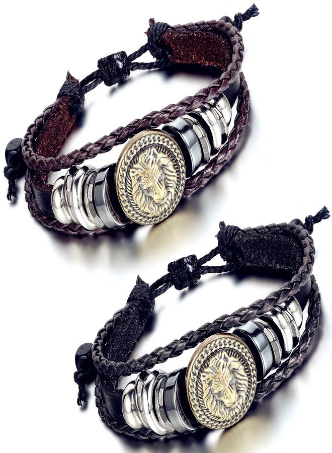 Flongo Men's Women's Alloy Black Leather Bracelet Bangle Cuff Bronze Lion Head Surfer Wrap Braided Biker Adjustable Fit 8~11 inch - Image 5