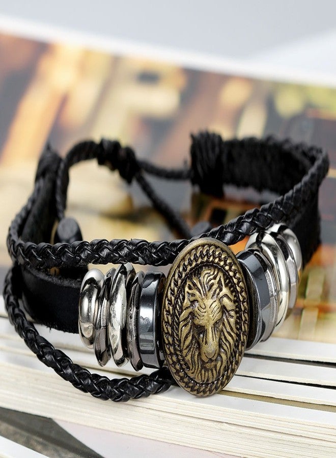 Flongo Men's Women's Alloy Black Leather Bracelet Bangle Cuff Bronze Lion Head Surfer Wrap Braided Biker Adjustable Fit 8~11 inch - Image 3