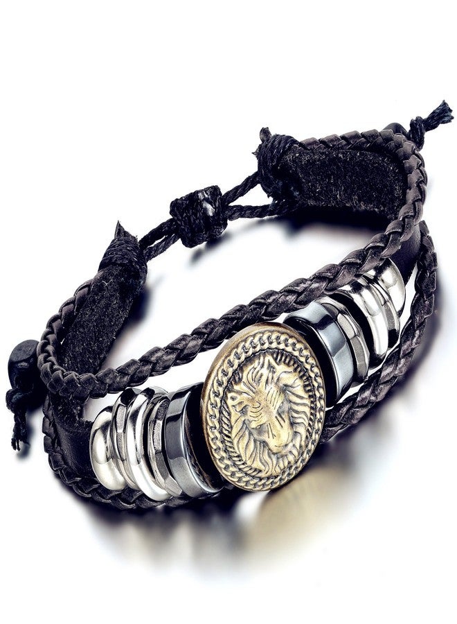 Flongo Men's Women's Alloy Black Leather Bracelet Bangle Cuff Bronze Lion Head Surfer Wrap Braided Biker Adjustable Fit 8~11 inch - Image 1
