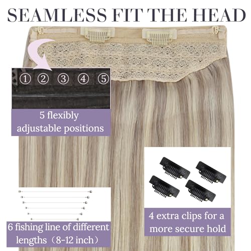 Fshine Invisible Wire Hair Extensions Real Human Hair 20 Inch Ash Blonde Highlighted Bleach Blonde 18/613 One Piece Clip in Hair Extensions Seamless Layered Hairpiece 80 G - Image 4