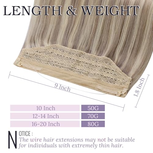 Fshine Invisible Wire Hair Extensions Real Human Hair 20 Inch Ash Blonde Highlighted Bleach Blonde 18/613 One Piece Clip in Hair Extensions Seamless Layered Hairpiece 80 G - Image 3