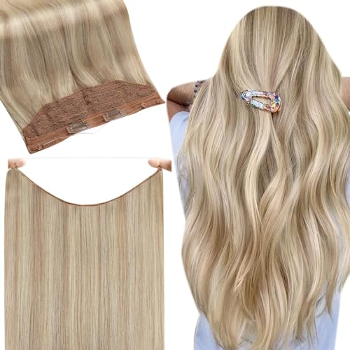 Fshine Invisible Wire Hair Extensions Real Human Hair 20 Inch Ash Blonde Highlighted Bleach Blonde 18/613 One Piece Clip in Hair Extensions Seamless Layered Hairpiece 80 G - Image 1