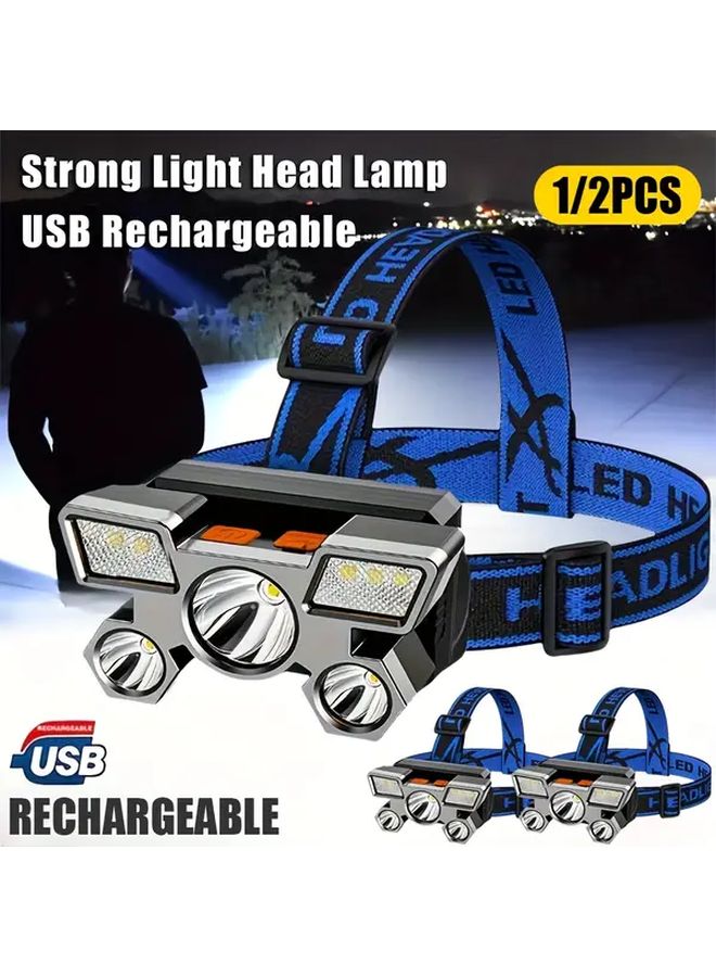 Blue 5 In 1 LED Headlamp USB Rechargeable For Outdoor Cycling Camping Fishing - Image 2
