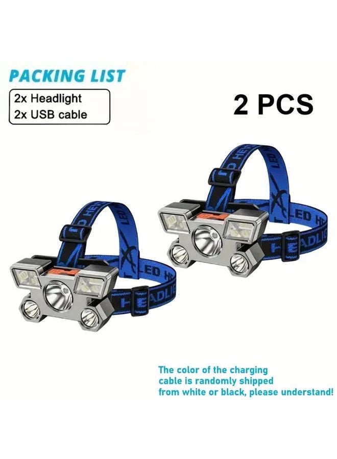 Blue 5 In 1 LED Headlamp USB Rechargeable For Outdoor Cycling Camping Fishing - Image 1