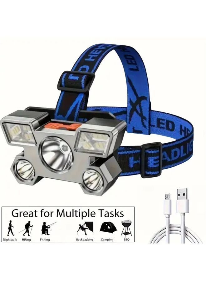 Blue 5 In 1 LED Headlamp USB Rechargeable For Outdoor Cycling Camping Fishing - Image 4