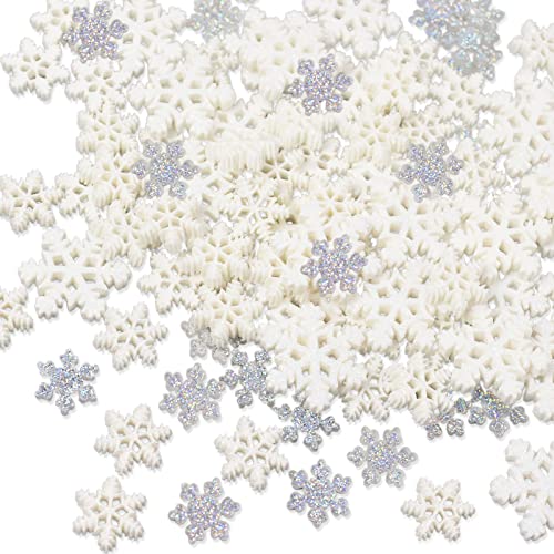 kockuu 100Pcs Mini Snowflake Ornament Christmas Decorations- Glitter Resin White and Silver Snowflakes Christmas Craft Embellishment for DIY Craft Xmas Tree Winter Party Table Decor (3 Sizes) - Image 1