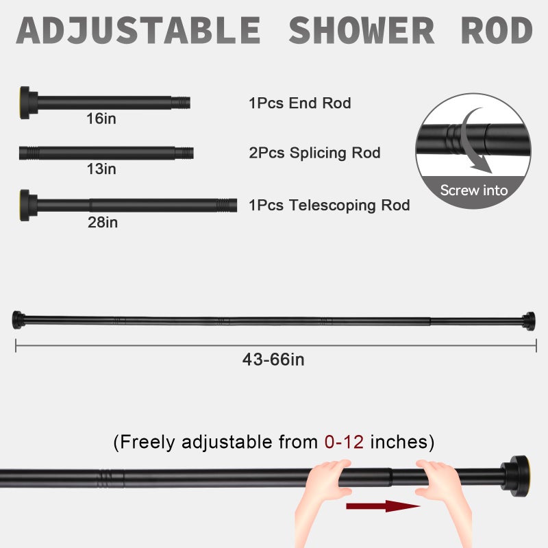 Thestoa Shower Curtain Rod Adjustable 43-66 inch, 1"Diameter Spring Tension Curtain Rod No Drill, Anti-Rust Non-Slip Shower Rod, Black Shower Curtain Rod for Bathroom Tension - Image 5