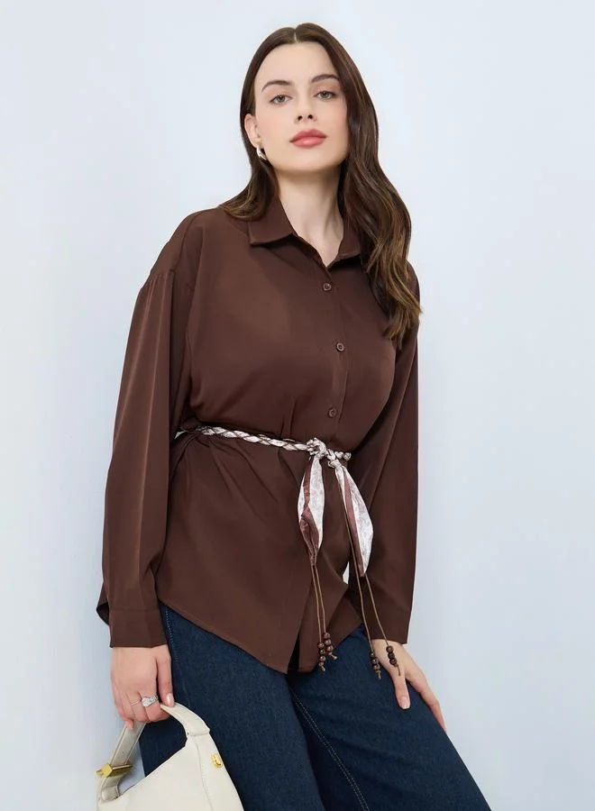 Styli Brown Long Sleeve Oversized Shirt