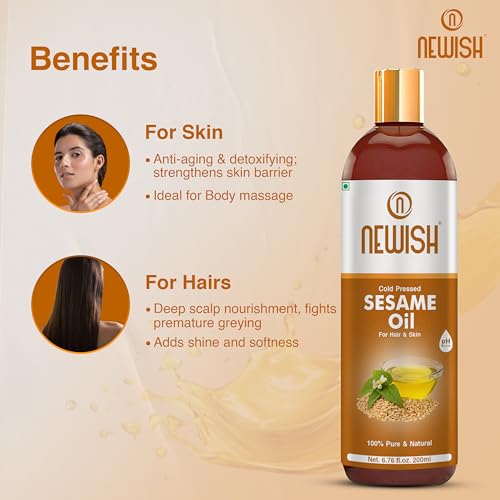 Newish Cold Pressed Sesame oil for Hair, Skin and Massage (Til Ka Tel/Til Oil) 100% pure & Natural, 200ml - Pack Of -1 - Image 2