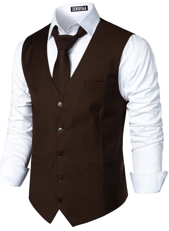 ZEROYAA Men's Hipster Urban Design 3 Pockets Business Formal Dress Vest for Suit Tuxedo, Zlsv16-brown, 3XL - Image 2