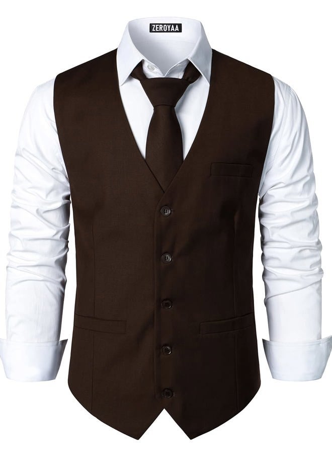 ZEROYAA Men's Hipster Urban Design 3 Pockets Business Formal Dress Vest for Suit Tuxedo, Zlsv16-brown, 3XL - Image 1