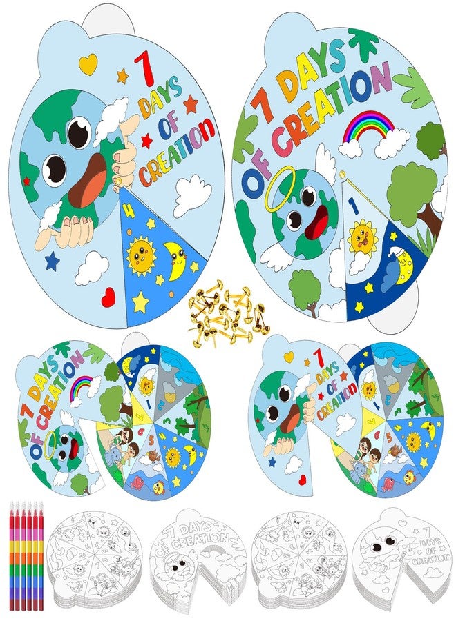 Cinrobiye 24 Sets 7 Days of Creation Coloring Craft Kit Bible Wheel Crafts Religious Holy Week Sunday School Jesus Last Week Art Activities for VBS Home Family School Classroom Party Favors - Image 1