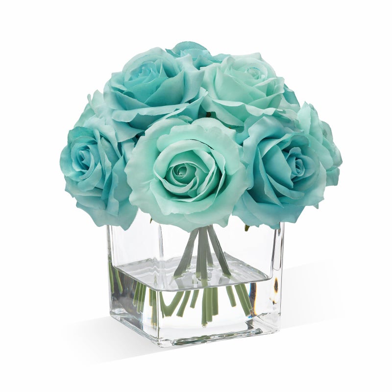 Well Known Rose Artificial Flowers In Vase With Faux Water  Silk Rose Table Centerpieces For Home Coffee Table Decor  Fake Roses Flower Arrangements For Office Hotel Lavatory Decor (Light Teal Blue) - Image 1