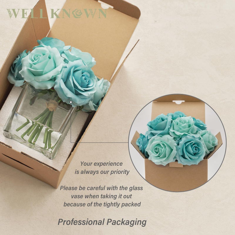 Well Known Rose Artificial Flowers In Vase With Faux Water  Silk Rose Table Centerpieces For Home Coffee Table Decor  Fake Roses Flower Arrangements For Office Hotel Lavatory Decor (Light Teal Blue) - Image 5