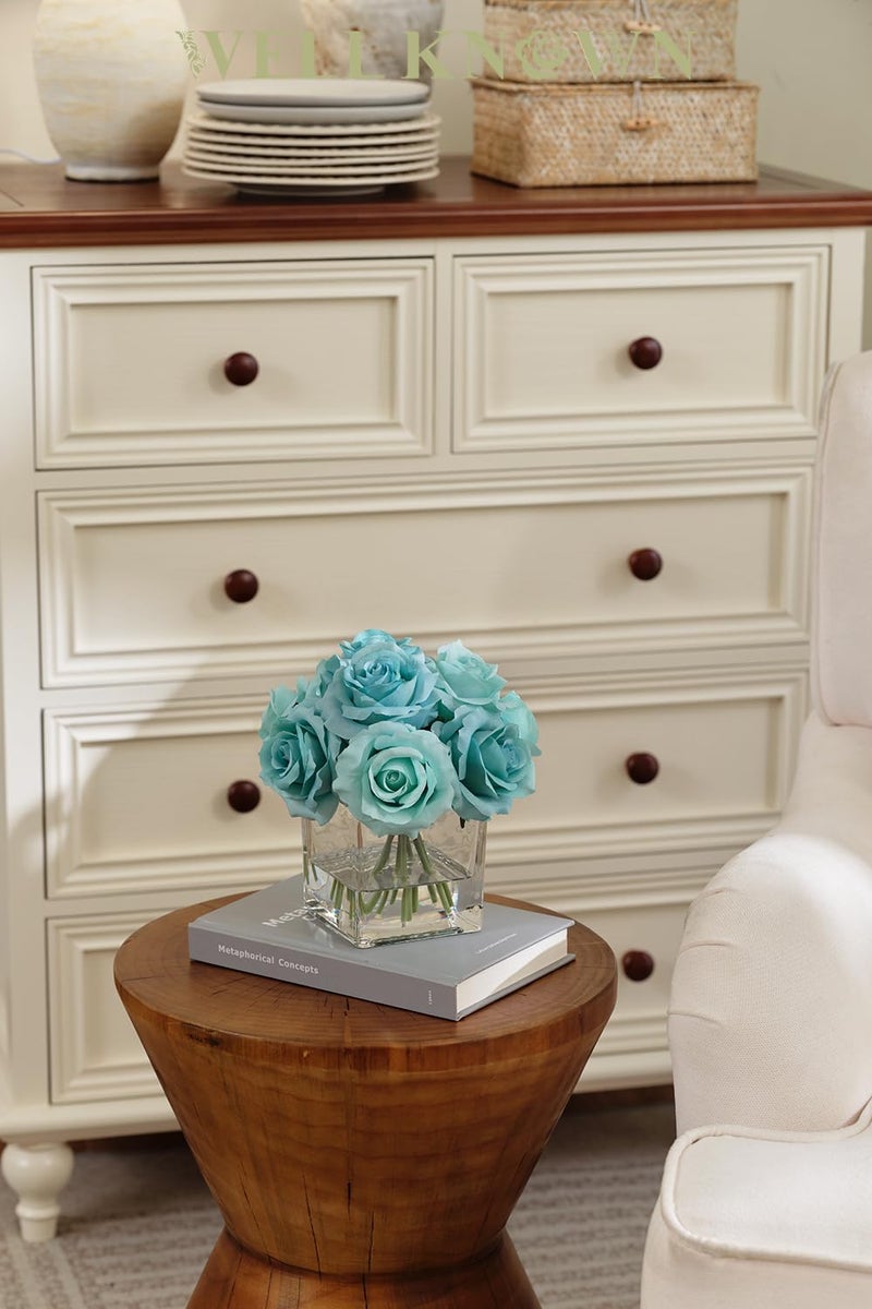 Well Known Rose Artificial Flowers In Vase With Faux Water  Silk Rose Table Centerpieces For Home Coffee Table Decor  Fake Roses Flower Arrangements For Office Hotel Lavatory Decor (Light Teal Blue) - Image 4
