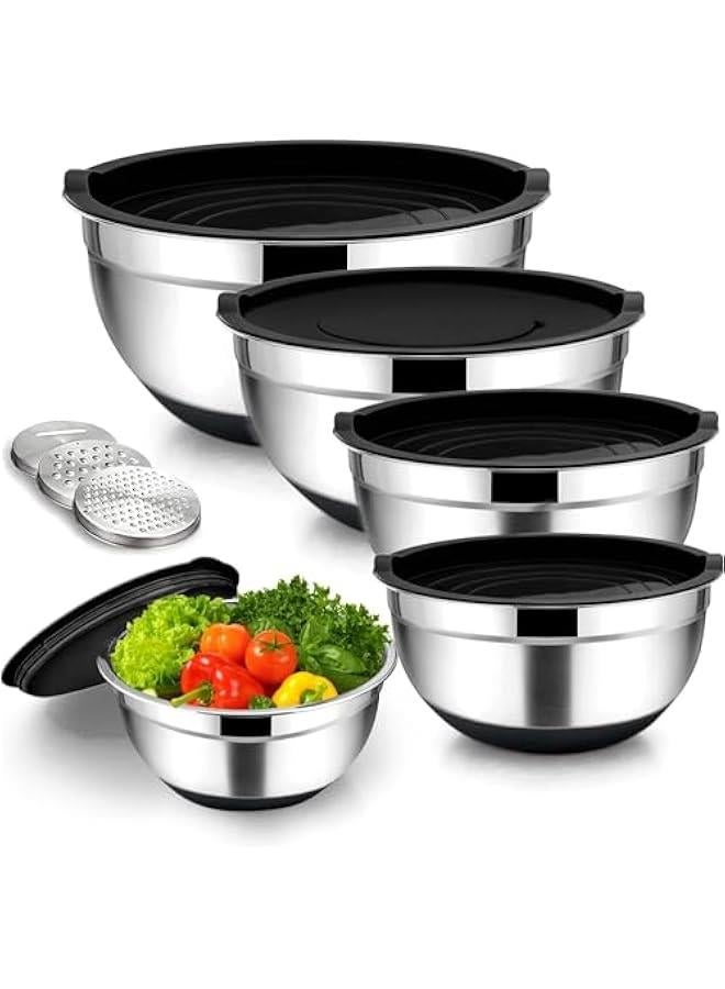 TRASSLE 5 Pack Mixing Bowls With Airtight Lids,Stainless Steel Mixing Bowls Set With 3 Grater Attachments,5 Sizes With Non-Slip Silicone Bottom, Fit As Baking Gift Or Kitchen Cereal Salad  - Image 1