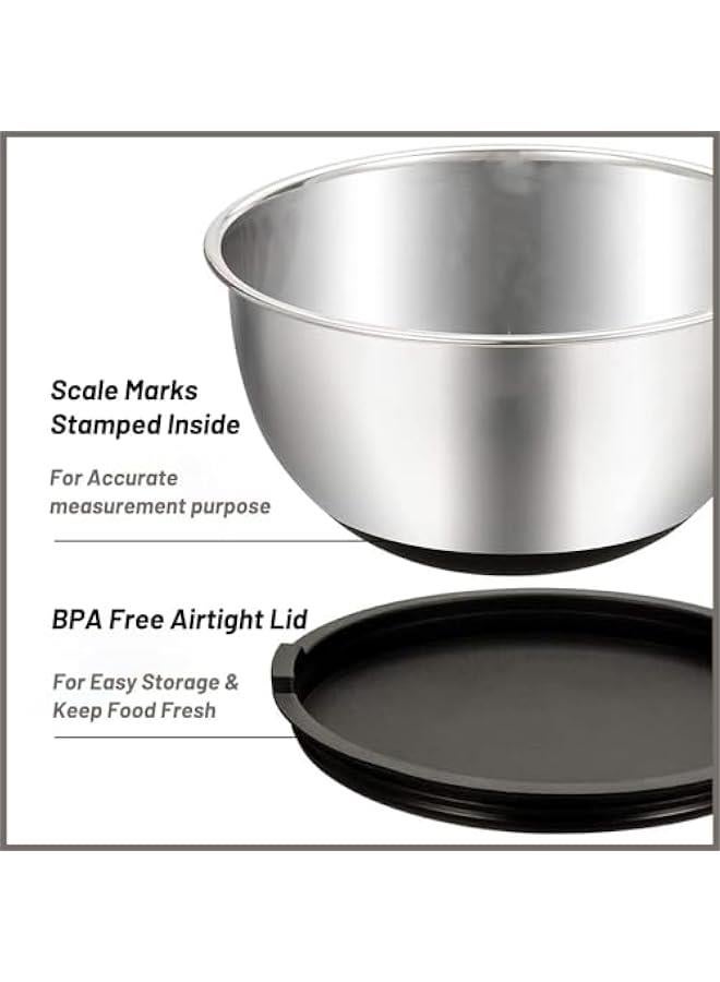 TRASSLE 5 Pack Mixing Bowls With Airtight Lids,Stainless Steel Mixing Bowls Set With 3 Grater Attachments,5 Sizes With Non-Slip Silicone Bottom, Fit As Baking Gift Or Kitchen Cereal Salad  - Image 2