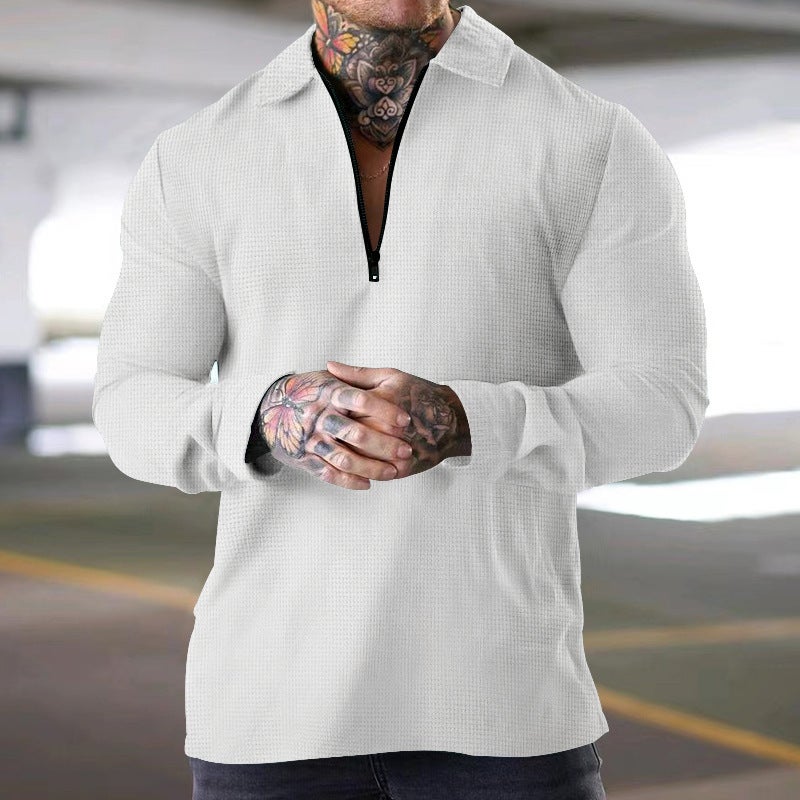 2025 Cross-Border Autum Men''s Long-Sleeved T-Shirt Heavy Waffle Thin Lapel Polo Shirt Polo Suit - Image 4
