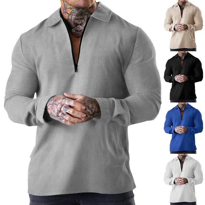 2025 Cross-Border Autum Men''s Long-Sleeved T-Shirt Heavy Waffle Thin Lapel Polo Shirt Polo Suit - Image 3